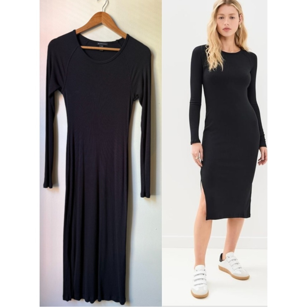 Beyond Yoga Size MEDIUM Long Sleeve Dress Black Ribbed Midi Made in USA EUC $138